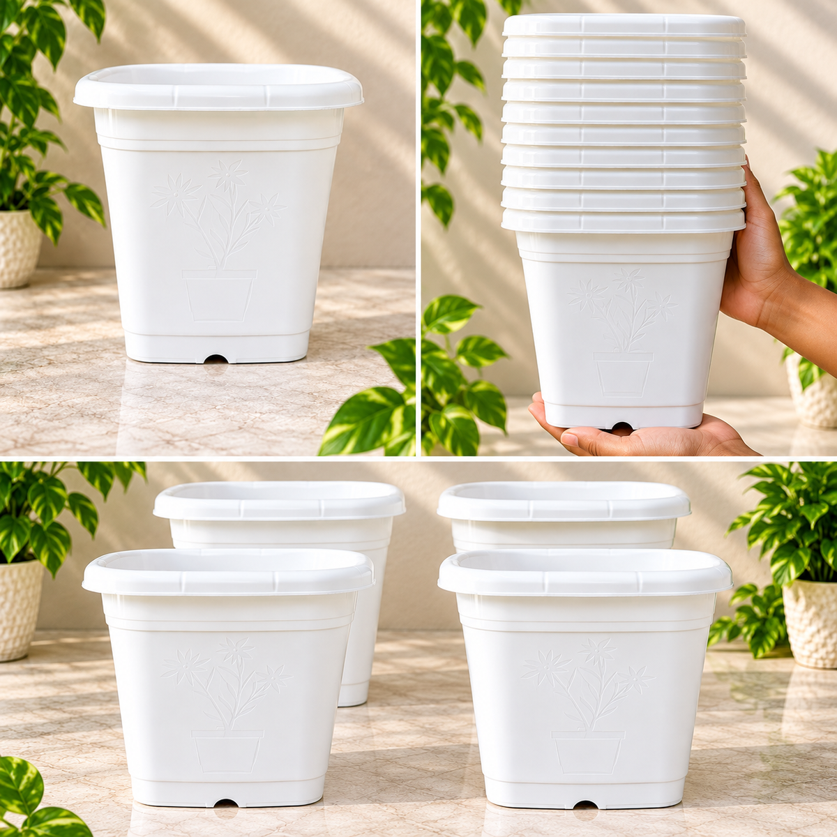 Set of 5 Plastic Pots, 10 Inch Width - 9 Inch Height