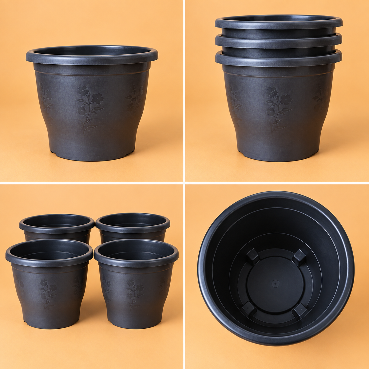 Set of 5 Plastic Pots,  10 Inch Width -  7.5 Inch Height